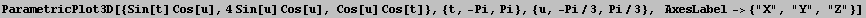 ParametricPlot3D[{Sin[t] Cos[u], 4Sin[u] Cos[u], Cos[u] Cos[t]}, {t, -Pi, Pi}, {u, -Pi/3, Pi/3},   AxesLabel-> {"X", "Y", "Z"}]