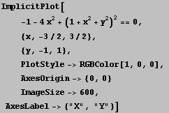 ImplicitPlot[<br />     -1 - 4 x^2 + (1 + x^2 + y^2)^2 == 0, <br /> & ... sp;  ImageSize->600, <br />  AxesLabel-> {"X", "Y"}]