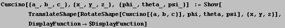 Cuscino[{a_, b_, c_}, {x_, y_, z_}, {phi_, theta_, psi_}]    := Show[<br /> &nb ... }], <br />        DisplayFunction$DisplayFunction]