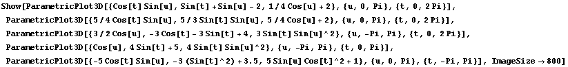 RowBox[{Show, [, RowBox[{ParametricPlot3D[{Cos[t] Sin[u], Sin[t] + Sin[u] - 2, 1/4Cos[u] + 2}, ... n[u] Cos[t]^2 + 1}], }}], ,, {u, 0, Pi}, ,, {t, -Pi, Pi}}], ]}], ,,  , ImageSize800}], ]}]
