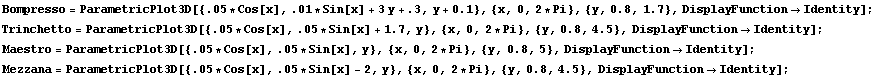 RowBox[{RowBox[{Bompresso, =, RowBox[{ParametricPlot3D, [, RowBox[{RowBox[{{, RowBox[{.05 * Co ...  ,, RowBox[{{, RowBox[{y, ,, 0.8, ,, 4.5}], }}], ,, DisplayFunctionIdentity}], ]}]}], ;}] 