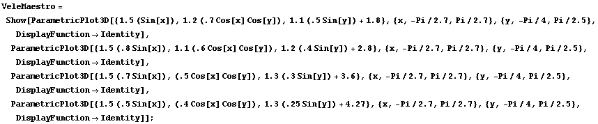 RowBox[{RowBox[{VeleMaestro, =, RowBox[{Show, [, RowBox[{RowBox[{ParametricPlot3D, [, RowBox[{ ...  ,, -Pi/4, ,, RowBox[{Pi, /, 2.5}]}], }}], ,, DisplayFunctionIdentity}], ]}]}], ]}]}], ;}]