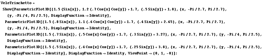 RowBox[{RowBox[{VeleTrinchetto, =, RowBox[{Show, [, RowBox[{RowBox[{ParametricPlot3D, [, RowBo ... Identity}], ]}], ,, DisplayFunctionIdentity, ,, ViewPoint {0, 1, -0}}], ]}]}], ;}]