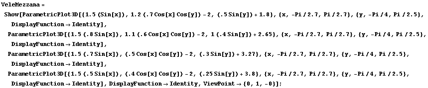 RowBox[{RowBox[{VeleMezzana, =, RowBox[{Show, [, RowBox[{RowBox[{ParametricPlot3D, [, RowBox[{ ... Identity}], ]}], ,, DisplayFunctionIdentity, ,, ViewPoint {0, 1, -0}}], ]}]}], ;}]