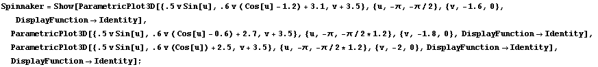 RowBox[{RowBox[{Spinnaker, =, RowBox[{Show, [, RowBox[{RowBox[{ParametricPlot3D, [, RowBox[{Ro ... 2, 0}, ,, DisplayFunctionIdentity}], ]}], ,, DisplayFunctionIdentity}], ]}]}], ;}]