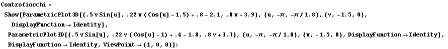RowBox[{RowBox[{Controfiocchi, =, RowBox[{Show, [, RowBox[{RowBox[{ParametricPlot3D, [, RowBox ... ], ]}], ,, , DisplayFunctionIdentity, ,, ViewPoint {1, 0, 0}}], ]}]}], ;}]