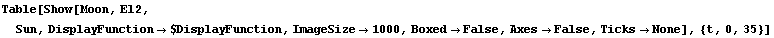 Table[Show[Moon, El2, Sun, DisplayFunction$DisplayFunction, ImageSize1000, BoxedFalse, AxesFalse, TicksNone], {t, 0, 35}]