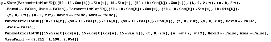 RowBox[{g, =, RowBox[{Show, [, RowBox[{ParametricPlot3D[{(50 + 10 * Cos[t]) * Sin[u], 10 * Sin ... 1;, RowBox[{ViewPoint, ->, RowBox[{{, RowBox[{2.241, ,,  , 1.498, ,,  , 2.054}], }}]}]}], ]}]}]