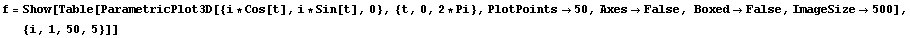 f = Show[Table[ParametricPlot3D[{i * Cos[t], i * Sin[t], 0}, {t, 0, 2 * Pi}, PlotPoints50, AxesFalse, BoxedFalse, ImageSize500], {i, 1, 50, 5}]]