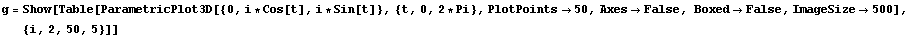 g = Show[Table[ParametricPlot3D[{0, i * Cos[t], i * Sin[t]}, {t, 0, 2 * Pi}, PlotPoints50, AxesFalse, BoxedFalse, ImageSize500], {i, 2, 50, 5}]]