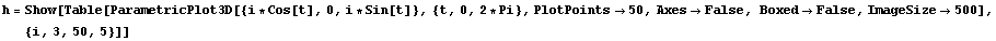 h = Show[Table[ParametricPlot3D[{i * Cos[t], 0, i * Sin[t]}, {t, 0, 2 * Pi}, PlotPoints50, AxesFalse, BoxedFalse, ImageSize500], {i, 3, 50, 5}]]