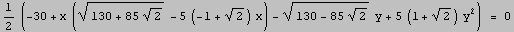 1/2 (-30 + x ((130 + 85 2^(1/2))^(1/2) - 5 (-1 + 2^(1/2)) x) - (130 - 85 2^(1/2))^(1/2) y + 5 (1 + 2^(1/2)) y^2)  = 0