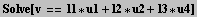 Solve[v == l1 * u1 + l2 * u2 + l3 * u4]