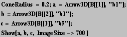 RowBox[{RowBox[{ConeRadius,  , =,  , 0.2}], ;, a = Arrow3D[B[[1]], "b1"], ;}] b = Ar ... B[[2]], "b3"] ; c = Arrow3D[B[[3]], "b5"] ; Show[a, b, c, ImageSize->700 ] 