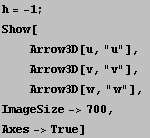 h = -1 ; Show[<br />    Arrow3D[u, "u"], <br />    ... >    Arrow3D[w, "w"], <br />ImageSize->700, <br />Axes->True] 