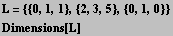 L = {{0, 1, 1}, {2, 3, 5}, {0, 1, 0}} Dimensions[L] 