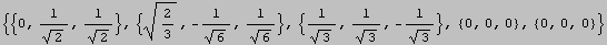 {{0, 1/2^(1/2), 1/2^(1/2)}, {2/3^(1/2), -1/6^(1/2), 1/6^(1/2)}, {1/3^(1/2), 1/3^(1/2), -1/3^(1/2)}, {0, 0, 0}, {0, 0, 0}}