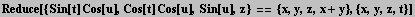 Reduce[{Sin[t] Cos[u], Cos[t] Cos[u], Sin[u], z} == {x, y, z, x + y}, {x, y, z, t}]