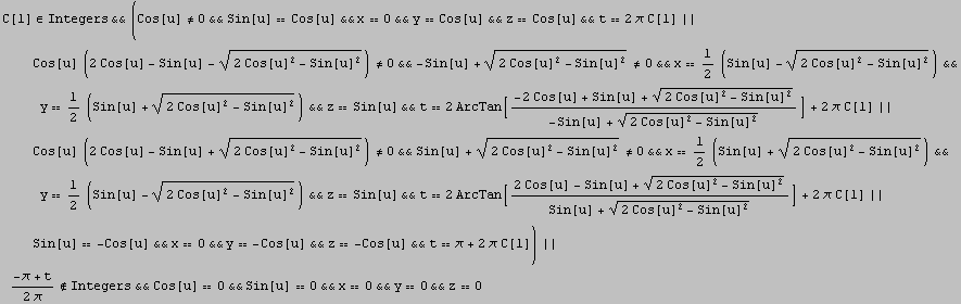 C[1] ∈Integers&& (Cos[u] ≠0&&Sin[u] Cos[u] &&x> ... u] 0&&Sin[u] 0&&x0&&y0&&z0