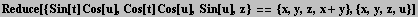 Reduce[{Sin[t] Cos[u], Cos[t] Cos[u], Sin[u], z} == {x, y, z, x + y}, {x, y, z, u}]