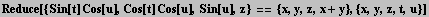 Reduce[{Sin[t] Cos[u], Cos[t] Cos[u], Sin[u], z} == {x, y, z, x + y}, {x, y, z, t, u}]