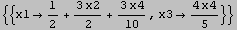 {{x11/2 + (3 x2)/2 + (3 x4)/10, x3 (4 x4)/5}}