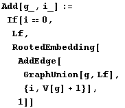 Add[g_, i_] := If[i0, Lf, RootedEmbedding[AddEdge[GraphUnion[g, Lf],  {i, V[g] + 1}], 1]]