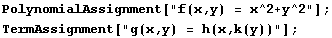 PolynomialAssignment["f(x,y) = x^2+y^2"] ; TermAssignment["g(x,y) = h(x,k(y))"] ; 