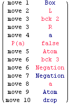 ( move 1     Box      )            move 2     L            move 3     bck 2    ...  move 7     Negation            move 8     a            move 9     Atom            move 10    drop