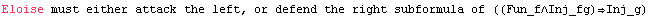 Eloise must either attack the left, or defend the right subformula of ((Fun_f∧Inj_fg)Inj_g)