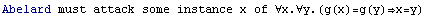 Abelard must attack some instance x of ∀x.∀y.(g(x)=g(y)x=y)