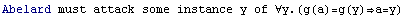 Abelard must attack some instance y of ∀y.(g(a)=g(y)a=y)