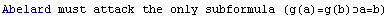 Abelard must attack the only subformula (g(a)=g(b)a=b)