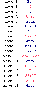 ( move 1     Box      )            move 2     L            move 3     0        ...     move 12    R            move 13    27+27            move 14    Atom            move 15    drop